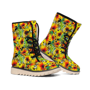 Emerald Blossoms -  Autumn Sunflower Pattern Print Winter Boots For Modern Hippie