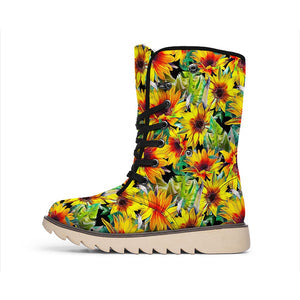 Emerald Blossoms -  Autumn Sunflower Pattern Print Winter Boots For Modern Hippie