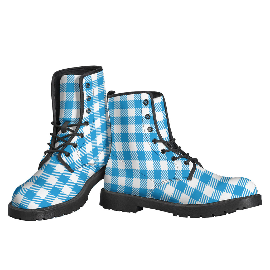 Groovin' in Style: Azure Blue and White Gingham Leather Boots for the Free-Spirited Hippies - 3