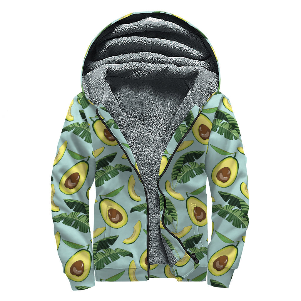 Boho Bliss: Banana Leaf Avocado Pattern Sherpa Lined Zip Up Hoodie - 1