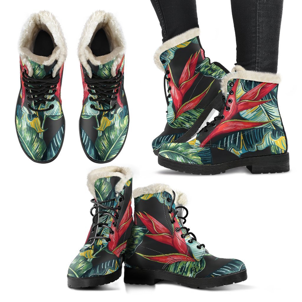 Boho Bliss: Banana Leaf Hawaiian Pattern Faux Fur Leather Boots - 2