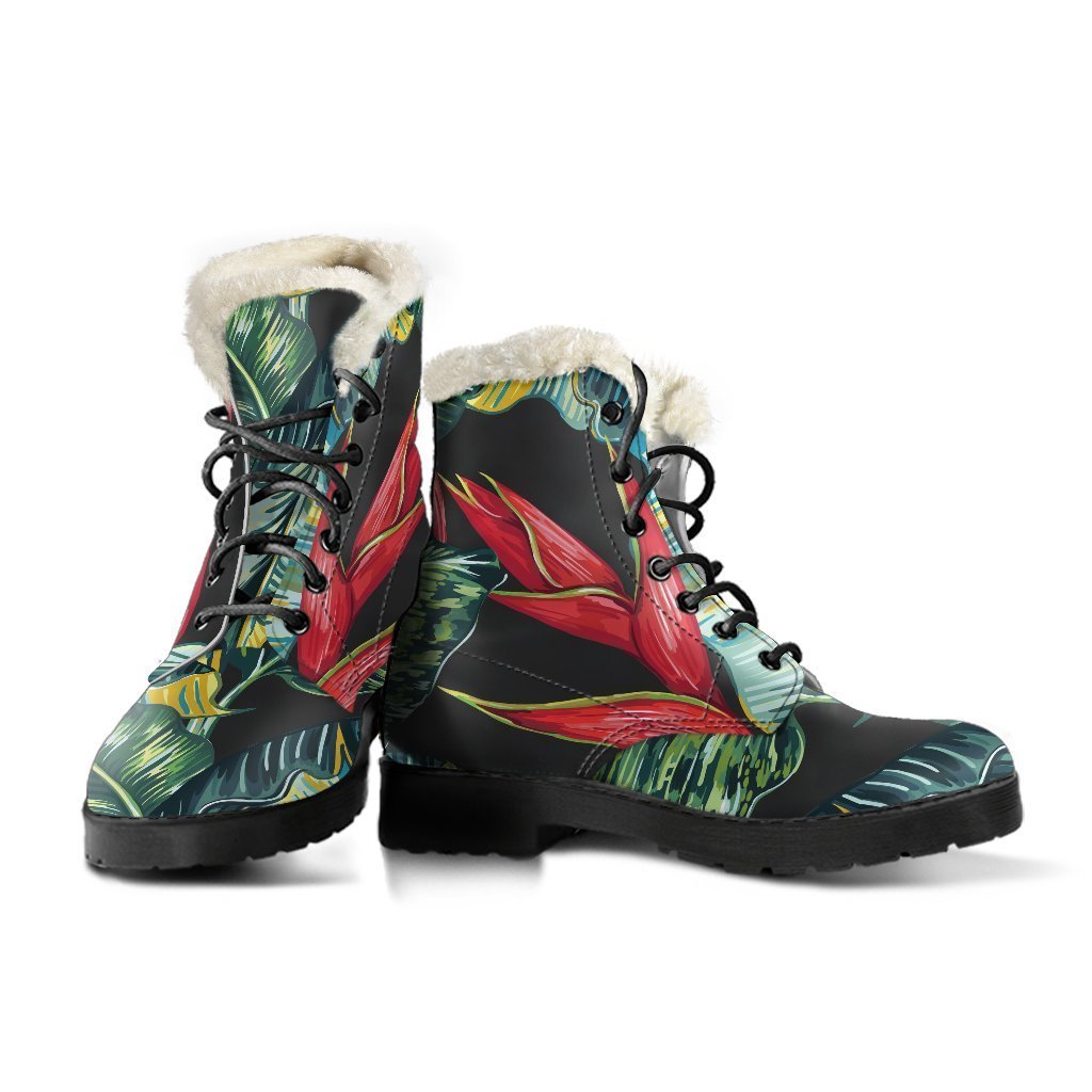 Boho Bliss: Banana Leaf Hawaiian Pattern Faux Fur Leather Boots - 3