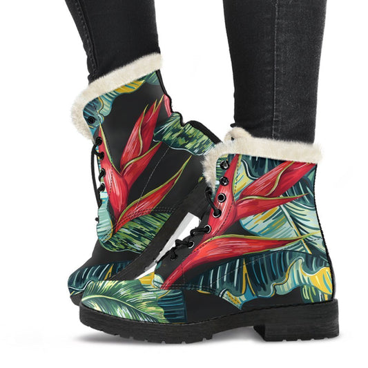 Boho Bliss: Banana Leaf Hawaiian Pattern Faux Fur Leather Boots - 1