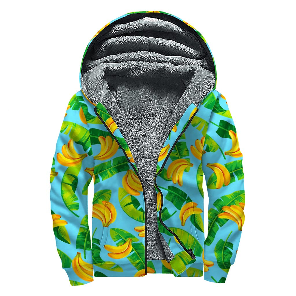 Groovy Banana Leaf Pattern Sherpa Lined Zip Up Hoodie for Hippies - 1