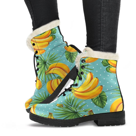 Banana Palm Leaf Patterned Faux Fur Leather Boots for Boho Babes - 1