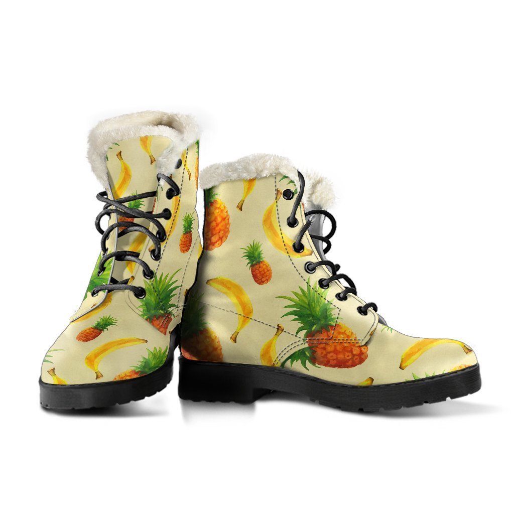 Groovy Vibes: Banana Pineapple Faux Fur Leather Boots for Hippies - 3