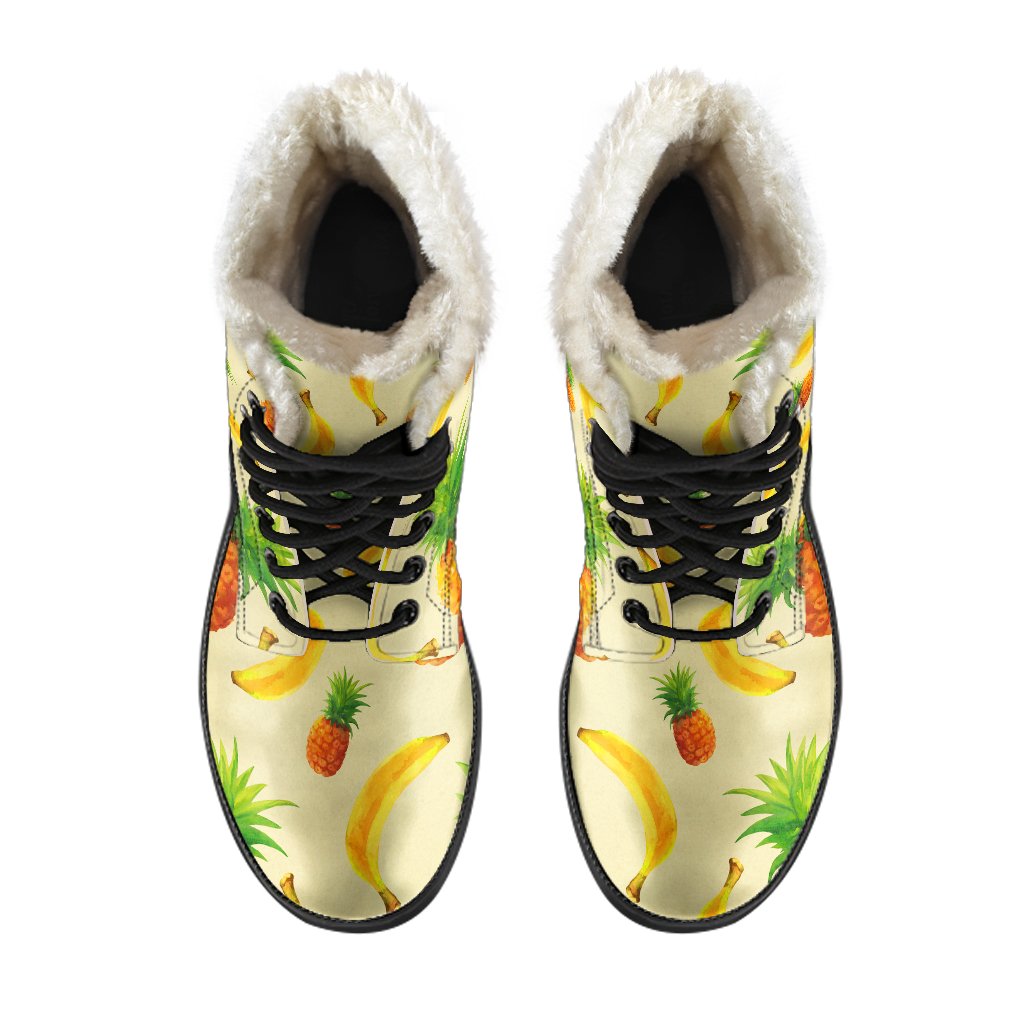 Groovy Vibes: Banana Pineapple Faux Fur Leather Boots for Hippies - 4