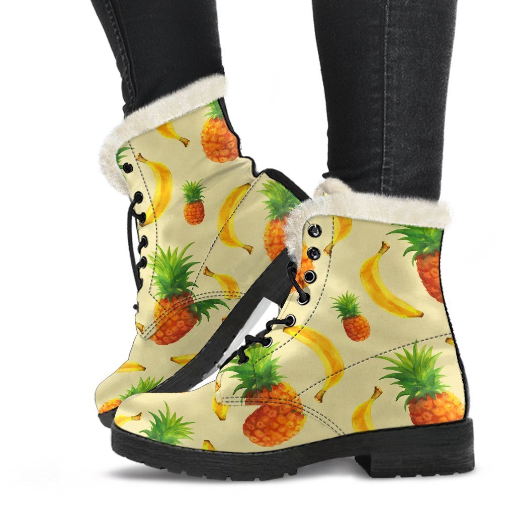 Groovy Vibes: Banana Pineapple Faux Fur Leather Boots for Hippies - 1