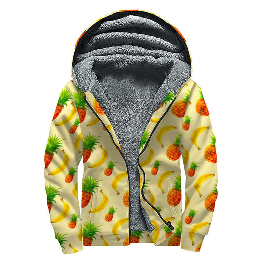 Groovy Banana & Pineapple Pattern Print Sherpa Lined Zip Up Hoodie for the Free-Spirited Hippie - 1