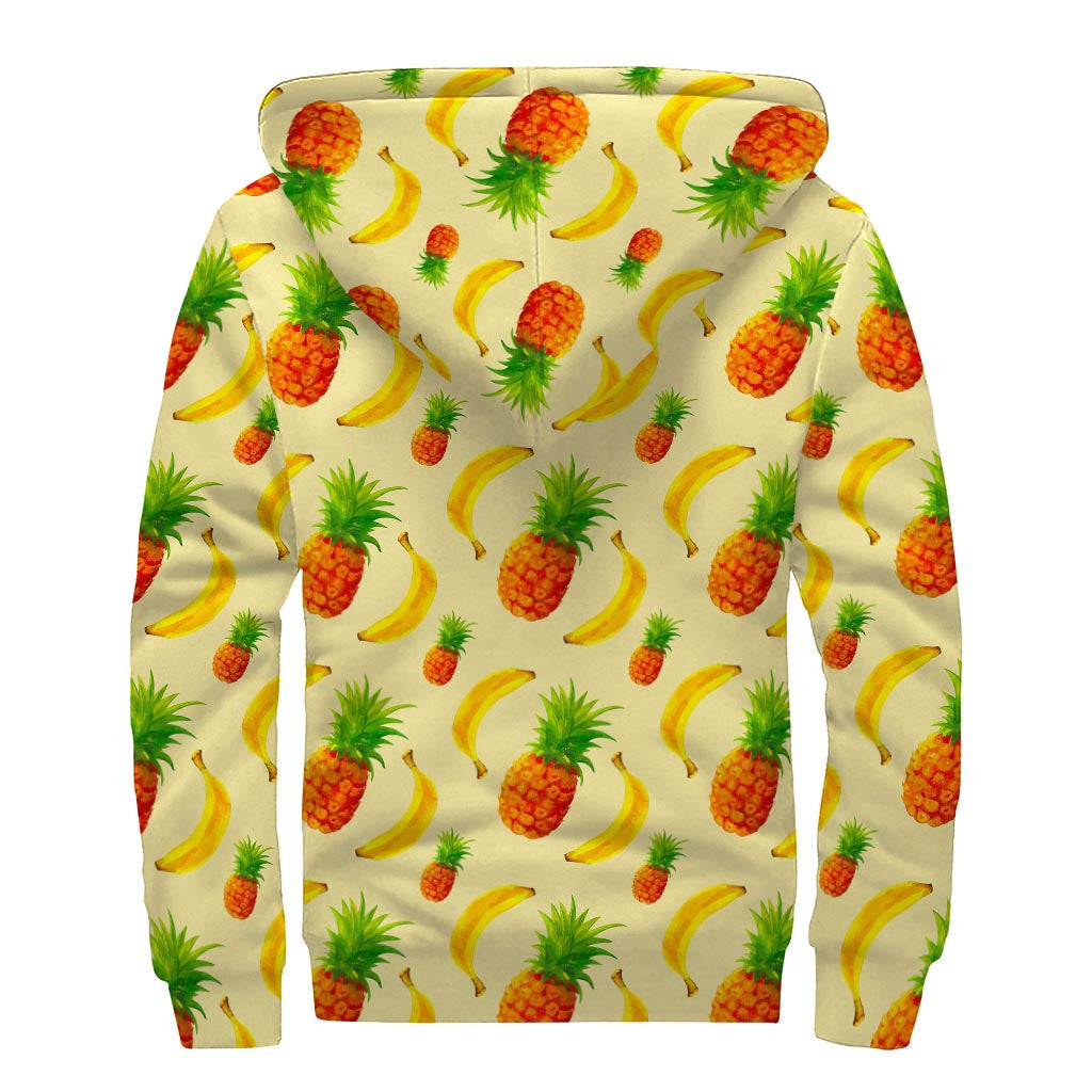 Groovy Banana & Pineapple Pattern Print Sherpa Lined Zip Up Hoodie for the Free-Spirited Hippie - 2