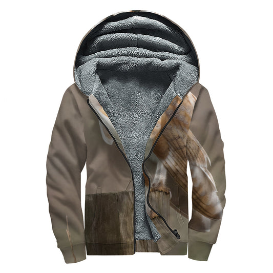 Barn Owl Print Sherpa Lined Zip Up Hoodie for the Free-Spirited Hippie Soul - 1