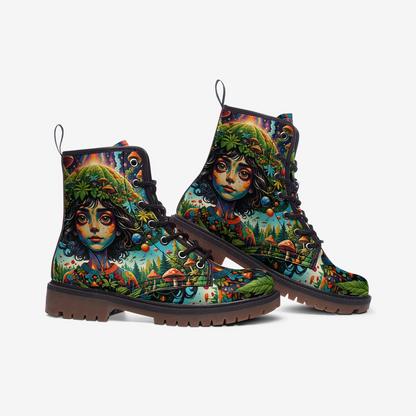 Emerald Blossoms - Mother Nature, Mushroom Girl Leather Lightweight Boots for Hippies