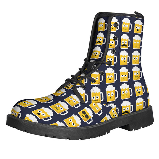 Groovy Beer Emoji Pattern Leather Boots for the Free-Spirited Hippie - 1