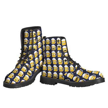 Groovy Beer Emoji Pattern Leather Boots for the Free-Spirited Hippie - 3