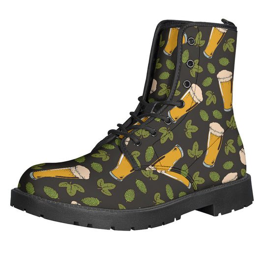 Groovy Beer Hop Cone and Leaf Pattern Leather Boots for Free-Spirited Hippies - 1