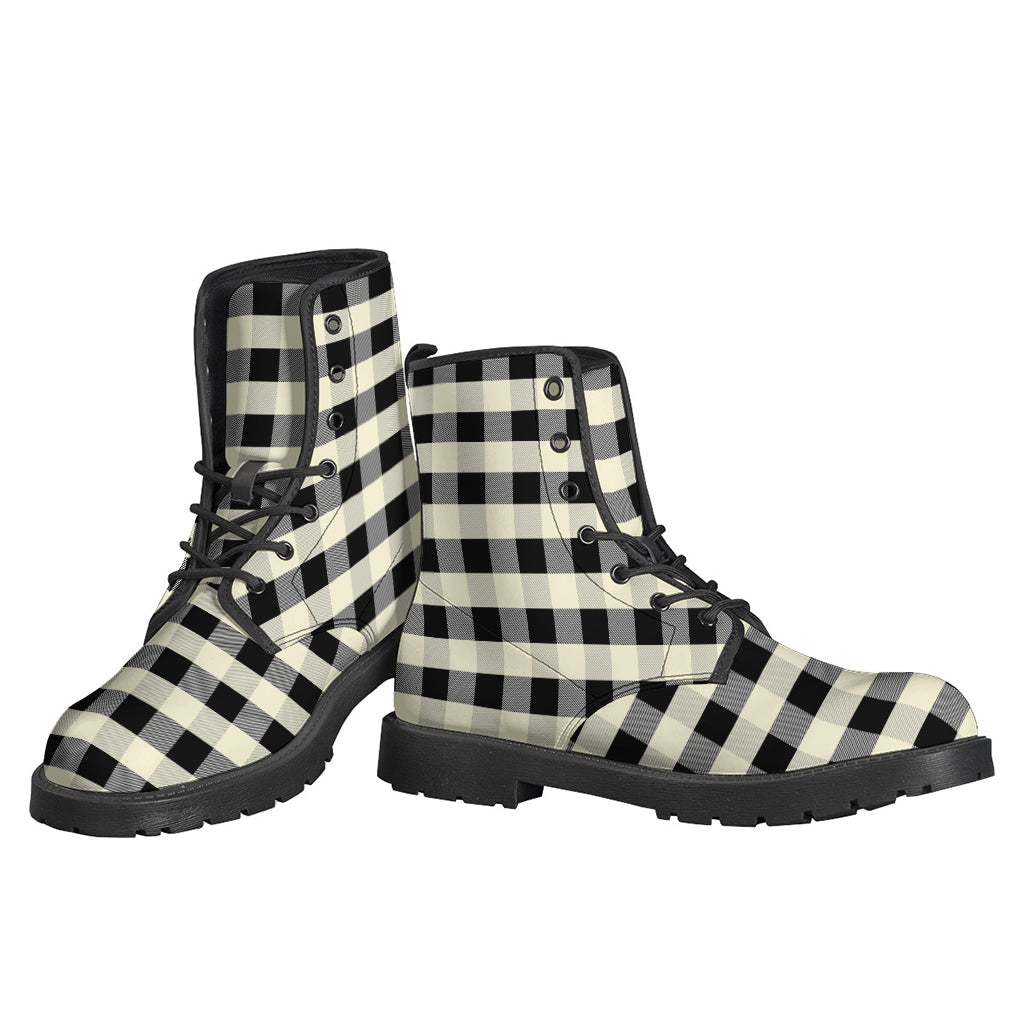 Beige and Black Buffalo Check Print Leather Boots for Stylish Hippies - 3