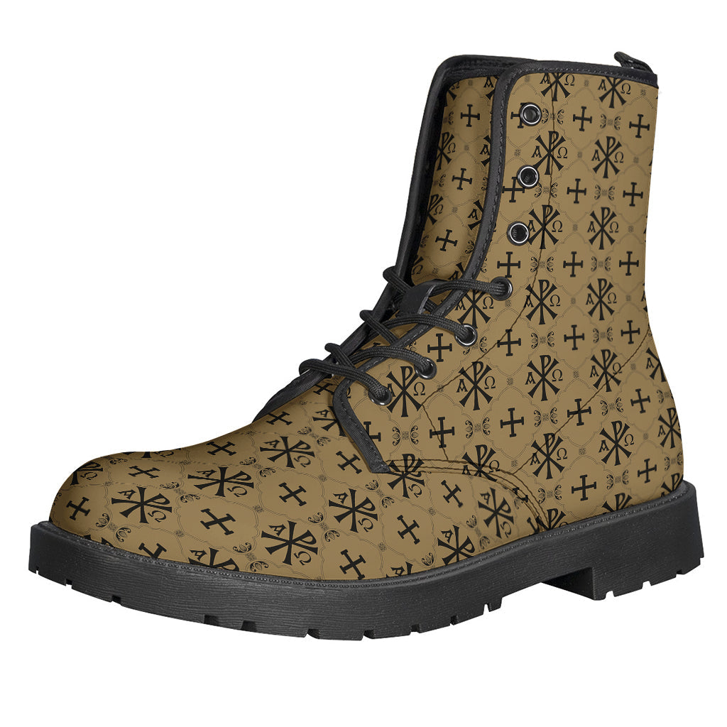 Beige and Black Orthodox Pattern Print Leather Boots for the Modern Hippie - 1