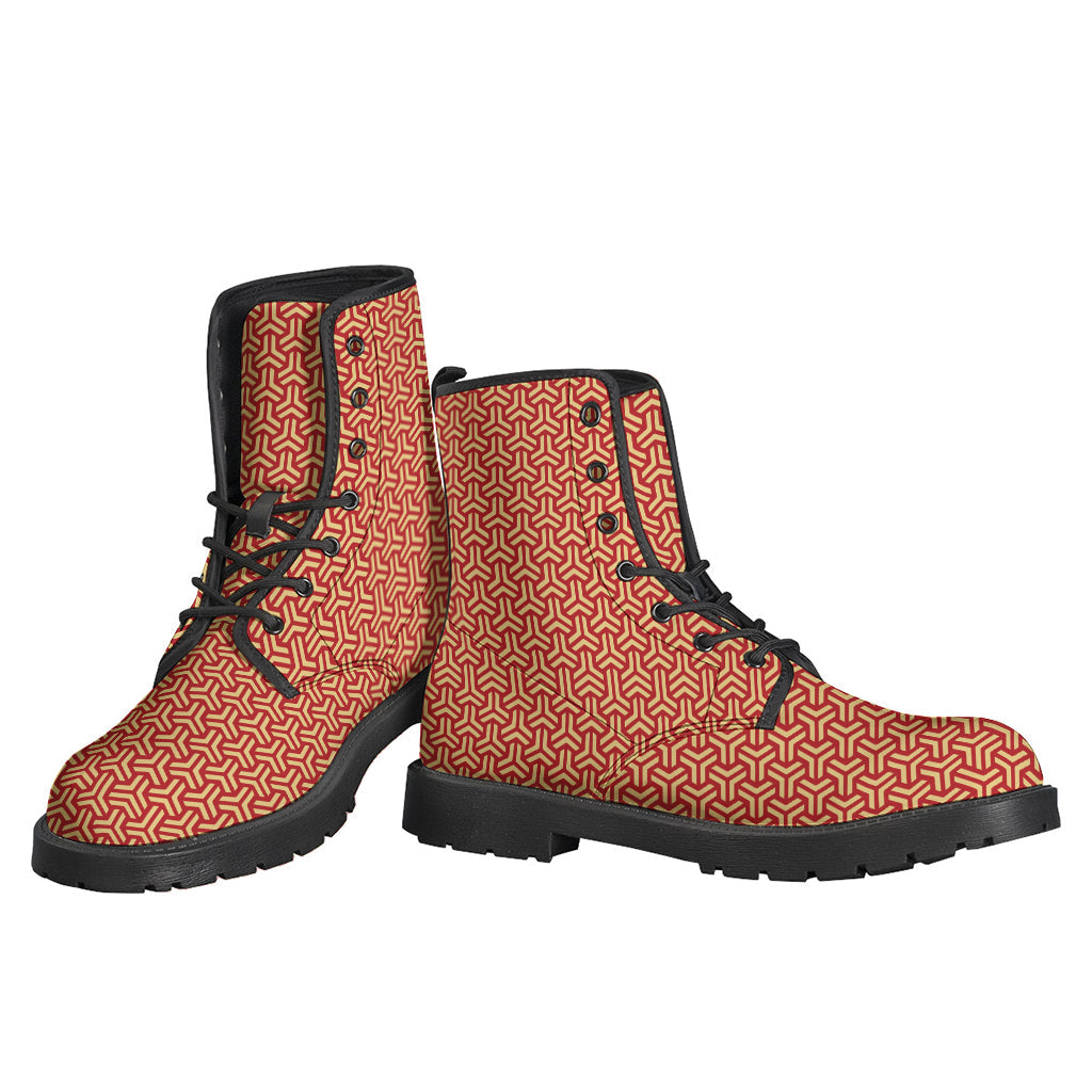 Bohemian Bliss: Beige and Red Japanese Pattern Print Leather Boots - 3