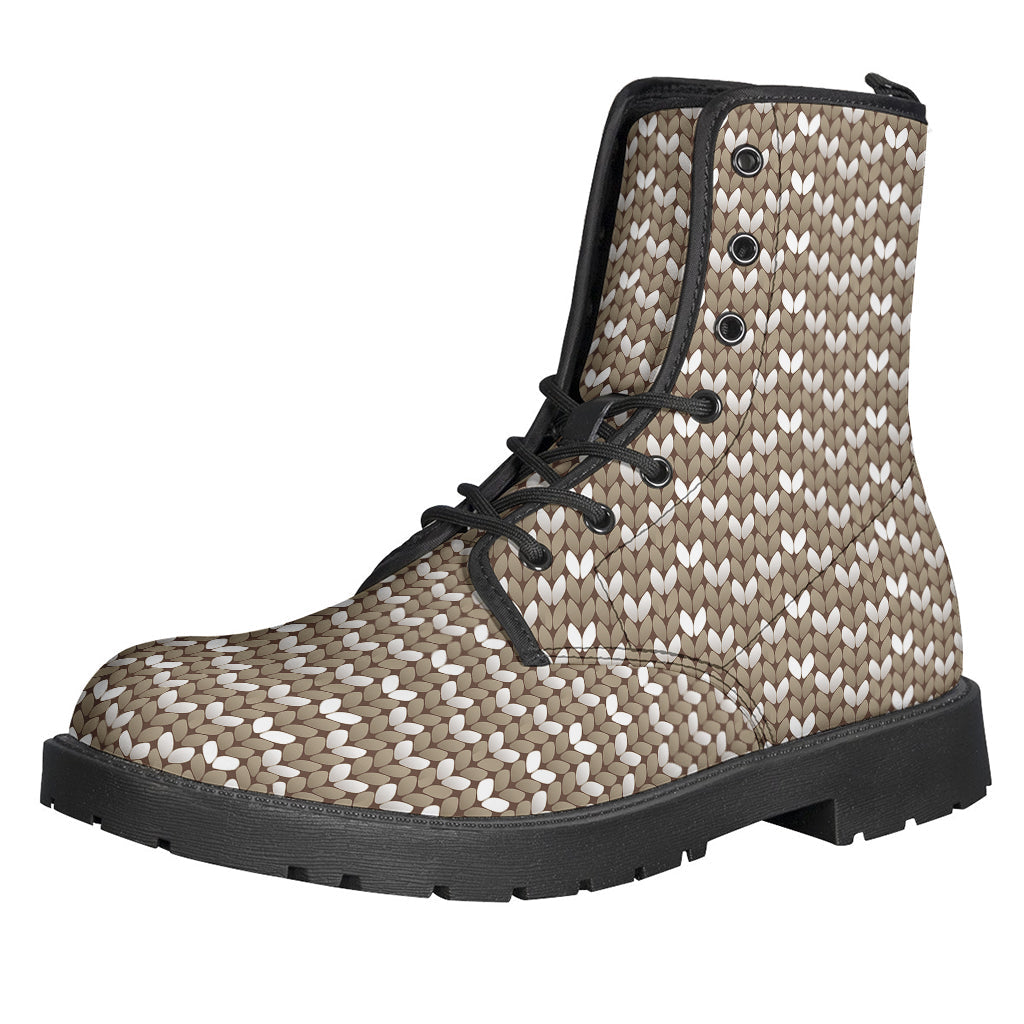 Boho Chic: Beige and White Knitted Pattern Leather Boots - 1