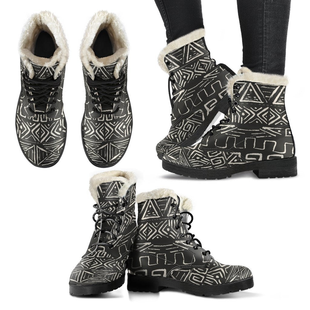 Boho Chic  Faux Fur Leather Boots with Aztec Pattern - 2