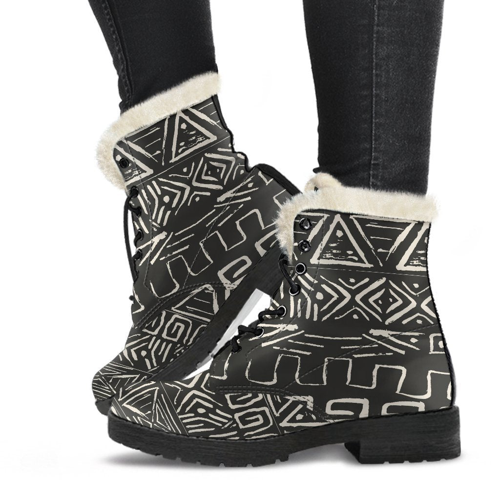 Boho Chic  Faux Fur Leather Boots with Aztec Pattern - 1