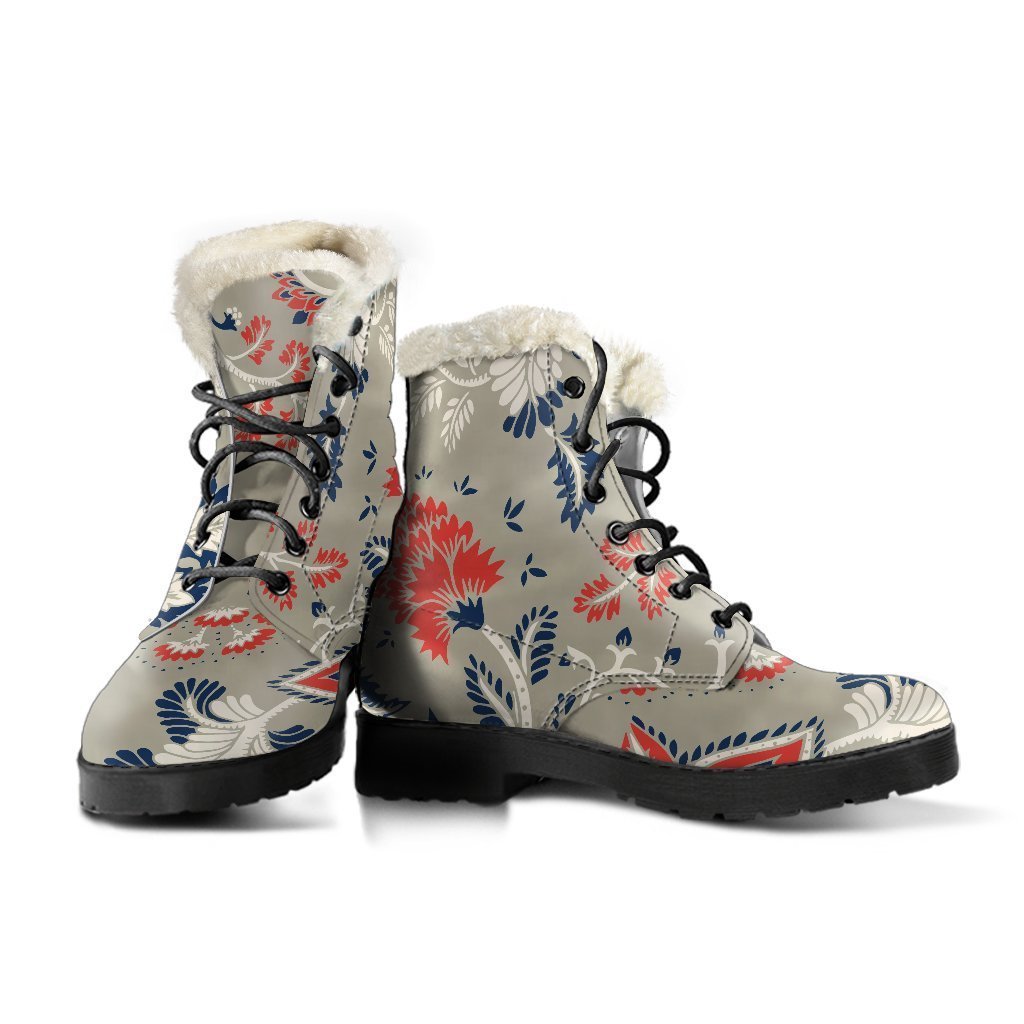 Boho Bliss: Beige Floral Faux Fur Leather Boots for the Free-spirited Hippie - 3