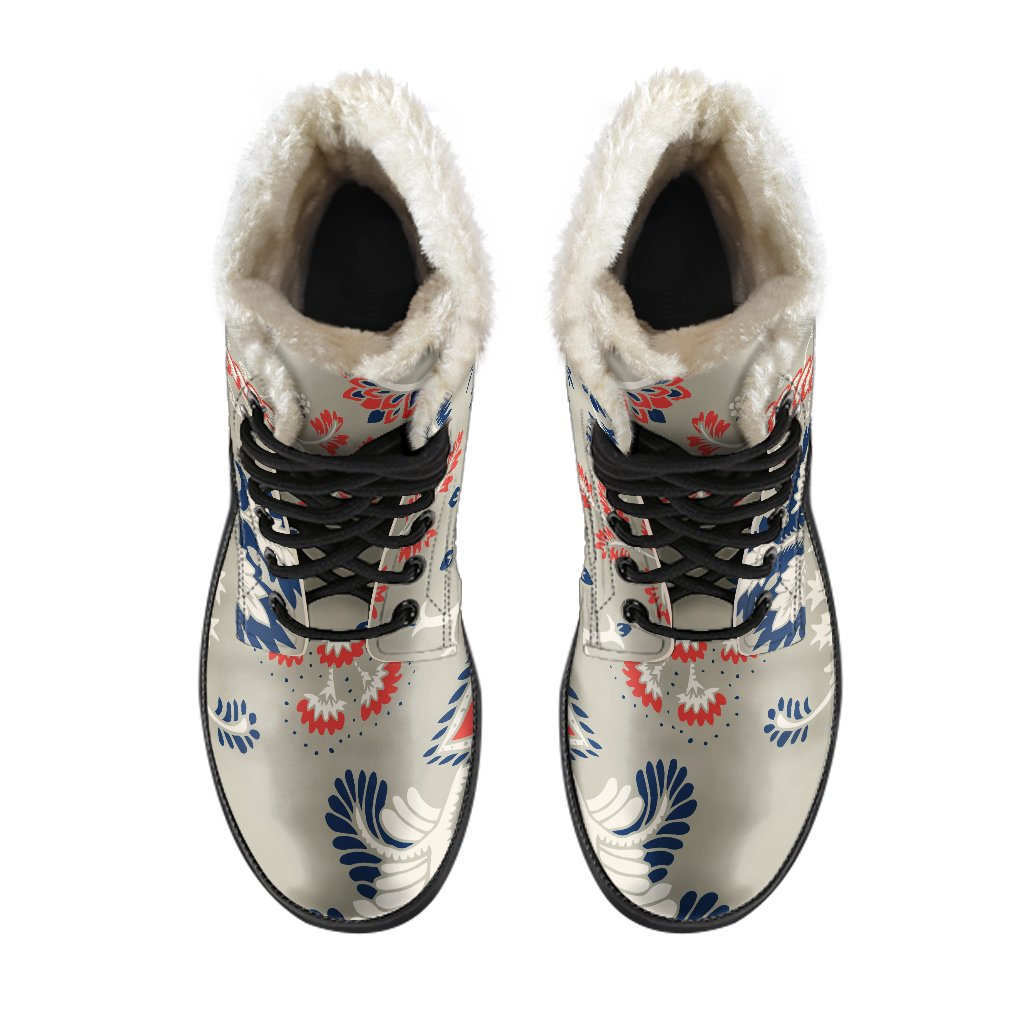 Boho Bliss: Beige Floral Faux Fur Leather Boots for the Free-spirited Hippie - 4