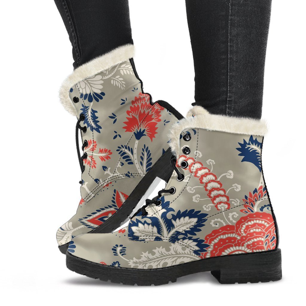 Boho Bliss: Beige Floral Faux Fur Leather Boots for the Free-spirited Hippie - 1