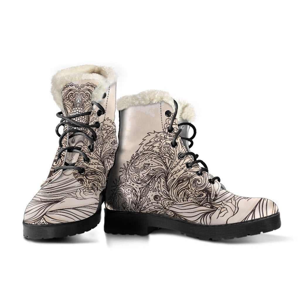 Beige Buddha Mandala Print Faux Fur Leather Boots - Embrace Your Inner Hippie - 3