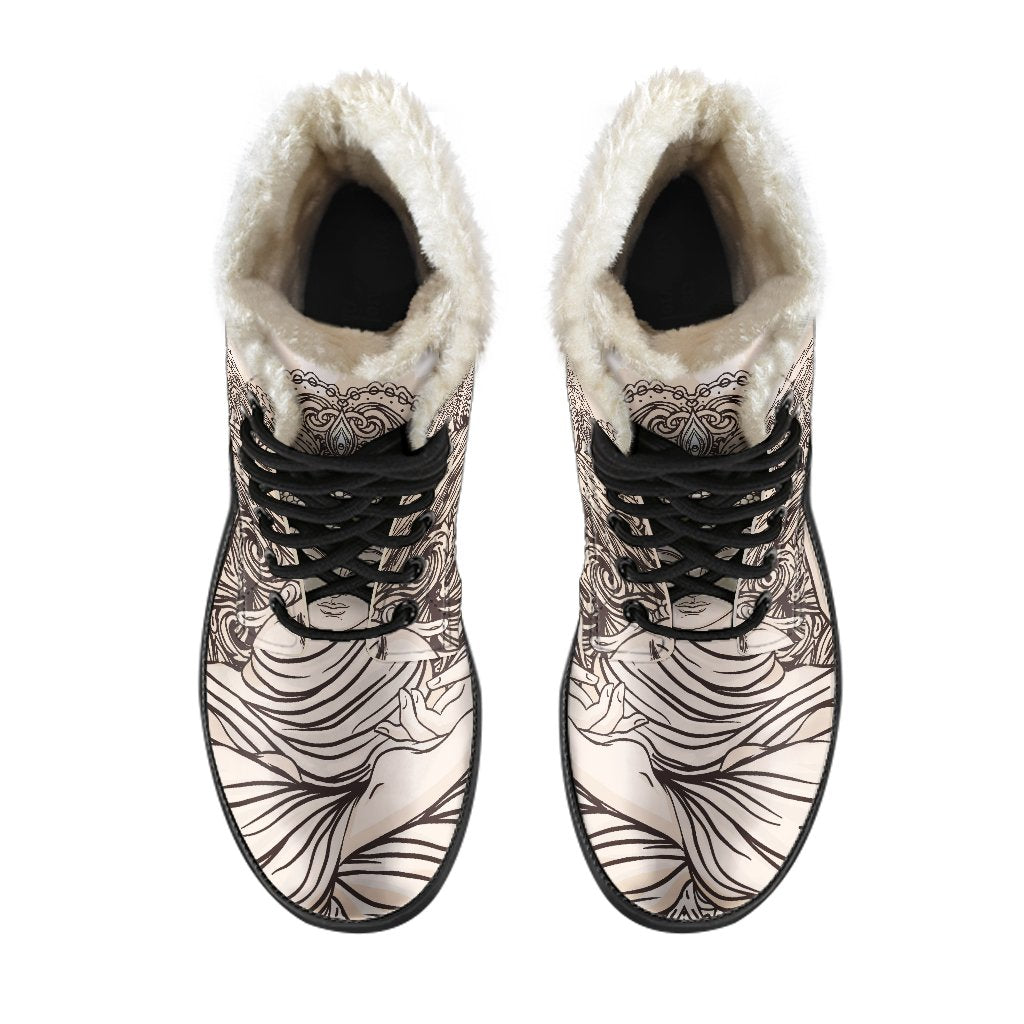 Beige Buddha Mandala Print Faux Fur Leather Boots - Embrace Your Inner Hippie - 4