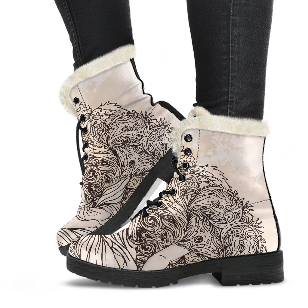 Beige Buddha Mandala Print Faux Fur Leather Boots - Embrace Your Inner Hippie - 1