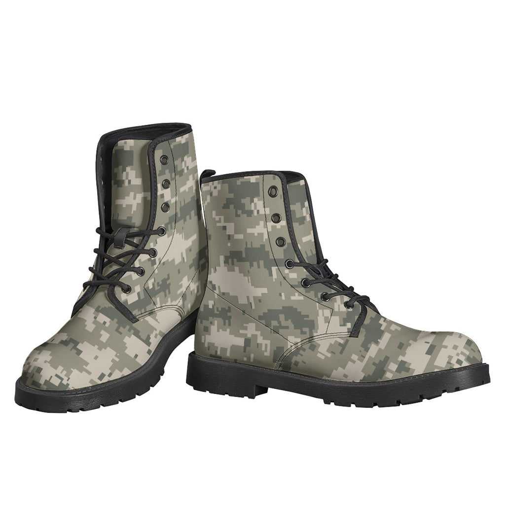 Boho Chic: Beige Digital Camo Pattern Print Leather Boots for Hippies - 3