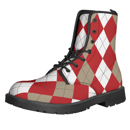 Beige, Red, and White Argyle Pattern Print Leather Lightweight Boots for Groovy Hippies - 1