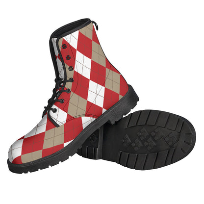 Beige, Red, and White Argyle Pattern Print Leather Lightweight Boots for Groovy Hippies - 2