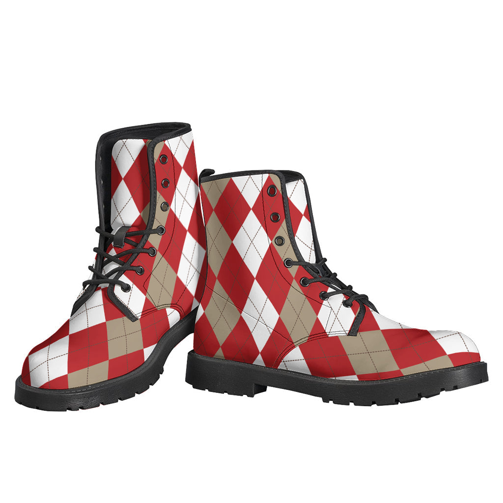 Beige, Red, and White Argyle Pattern Print Leather Lightweight Boots for Groovy Hippies - 3