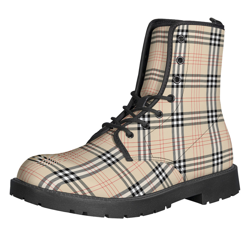 Beige Tartan Pattern Leather Boots for Free-Spirited Hippies - 1