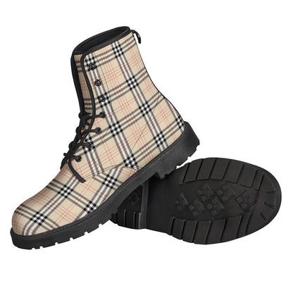 Beige Tartan Pattern Leather Boots for Free-Spirited Hippies - 2