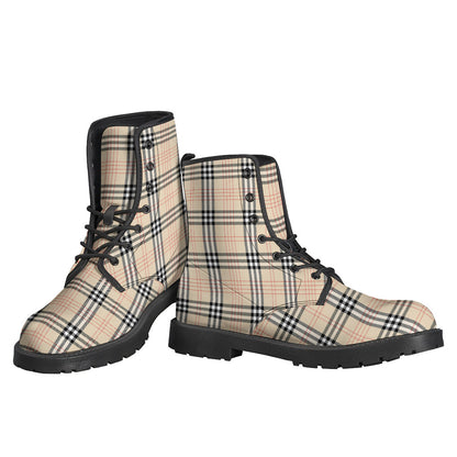 Beige Tartan Pattern Leather Boots for Free-Spirited Hippies - 3