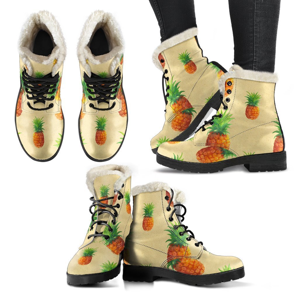 Boho Bliss: Beige Watercolor Pineapple Faux Fur Leather Boots - 2