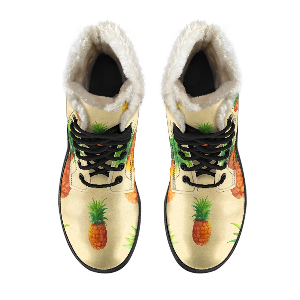 Boho Bliss: Beige Watercolor Pineapple Faux Fur Leather Boots - 4