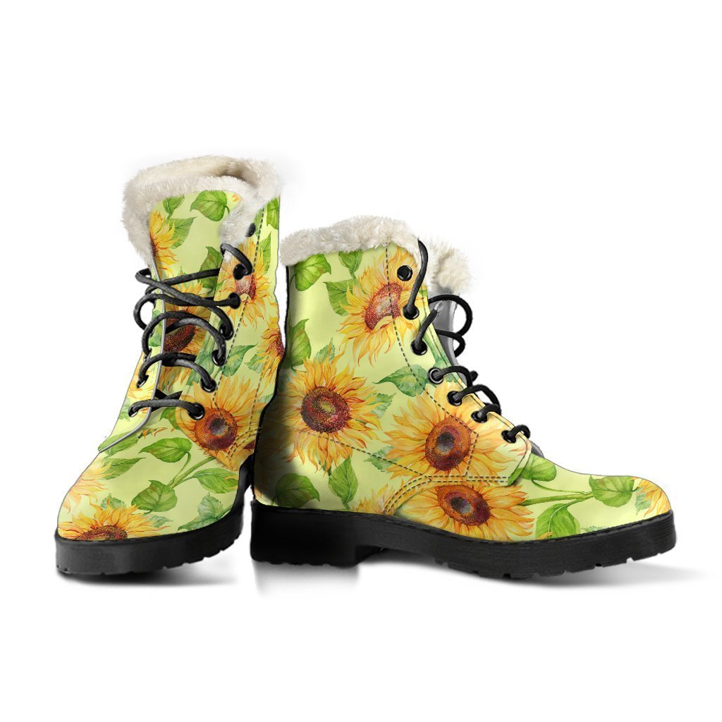 Bohemian Bliss: Beige Watercolor Sunflower Faux Fur Leather Boots - 3