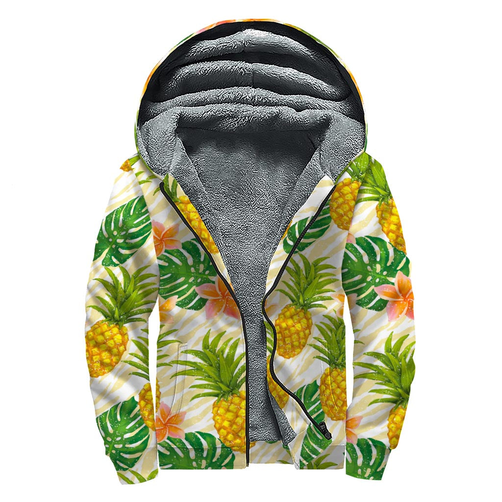 Bohemian Bliss: Beige Zebra Pineapple Pattern Print Sherpa Lined Hoodie - 1