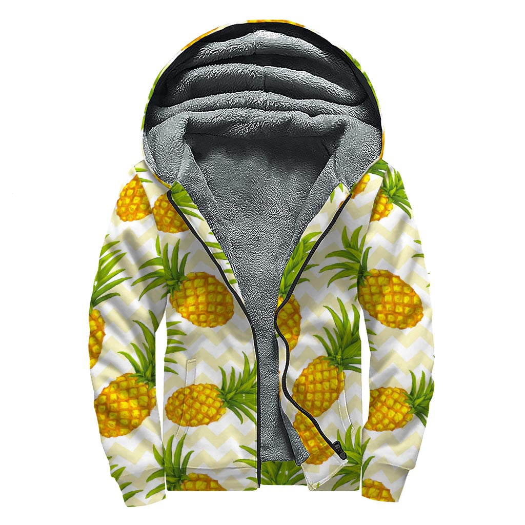 Beige Zig-Zag Pineapple Pattern Sherpa Hoodie for Hippie Souls - 1