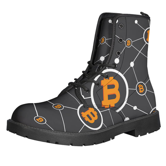 Bitcoin Connection Pattern Print Leather Boots for Modern-Day Hippies - 1