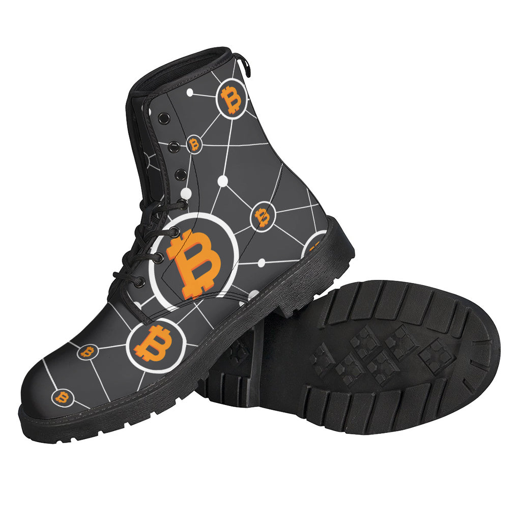 Bitcoin Connection Pattern Print Leather Boots for Modern-Day Hippies - 2