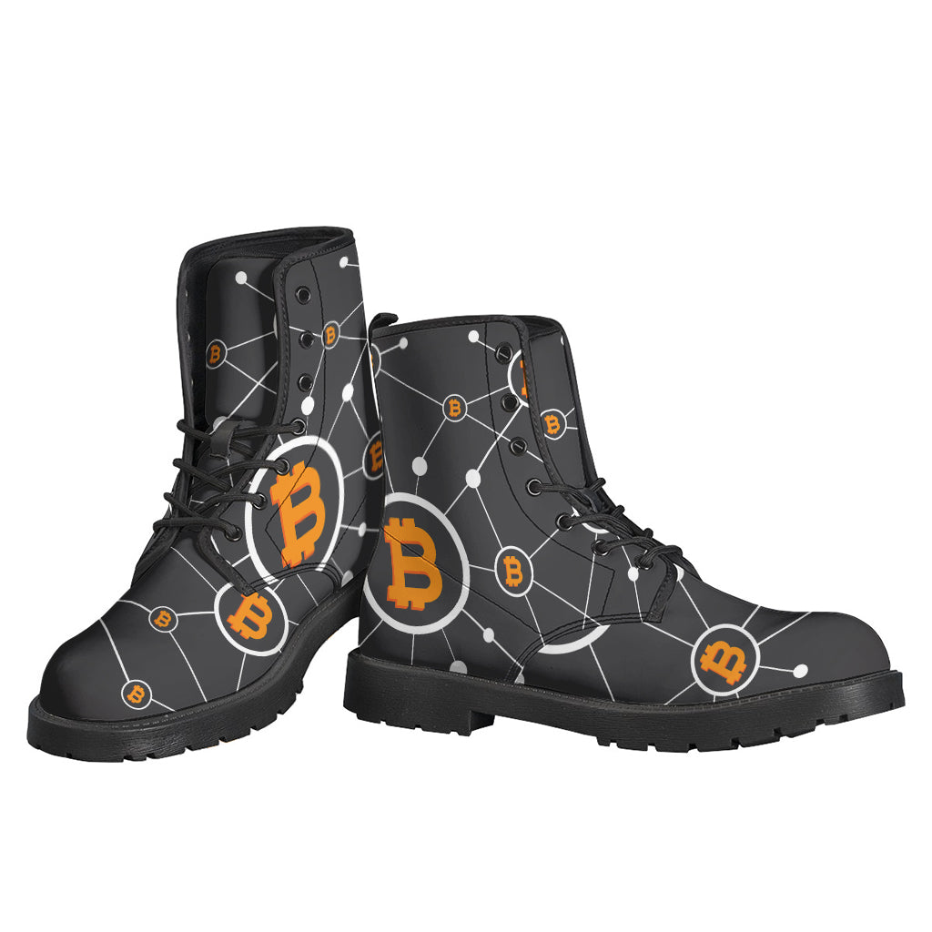 Bitcoin Connection Pattern Print Leather Boots for Modern-Day Hippies - 3