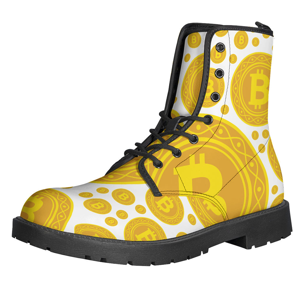 Groovy Bitcoin Crypto Pattern Leather Boots for the Free-Spirited Hippie - 1