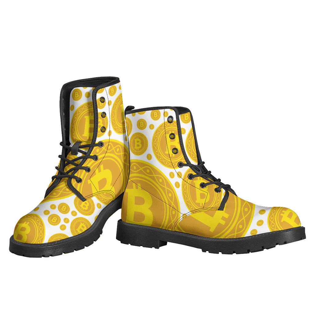 Groovy Bitcoin Crypto Pattern Leather Boots for the Free-Spirited Hippie - 3