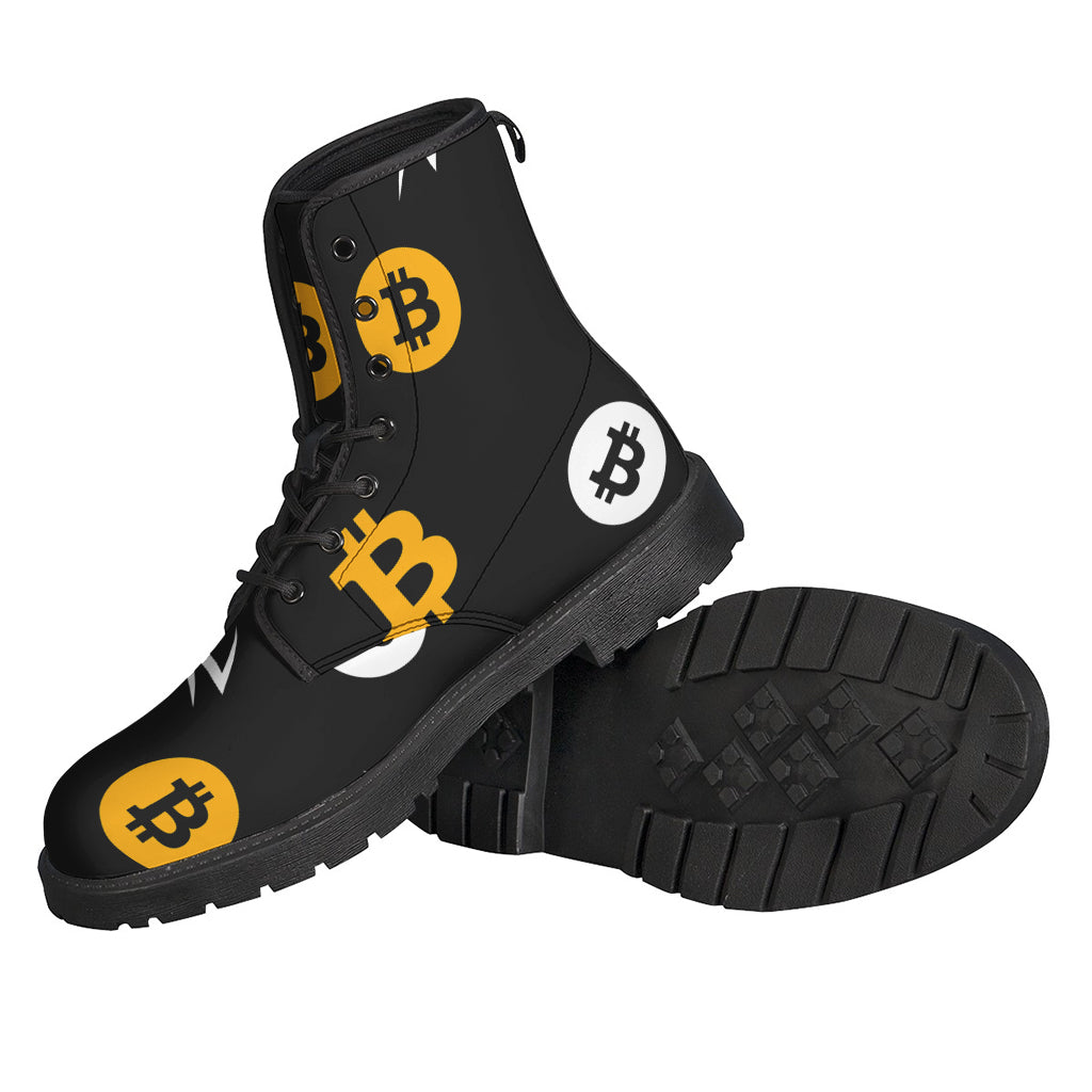 Bitcoin Symbol Pattern Print Leather Boots for Groovy Hippies - 2