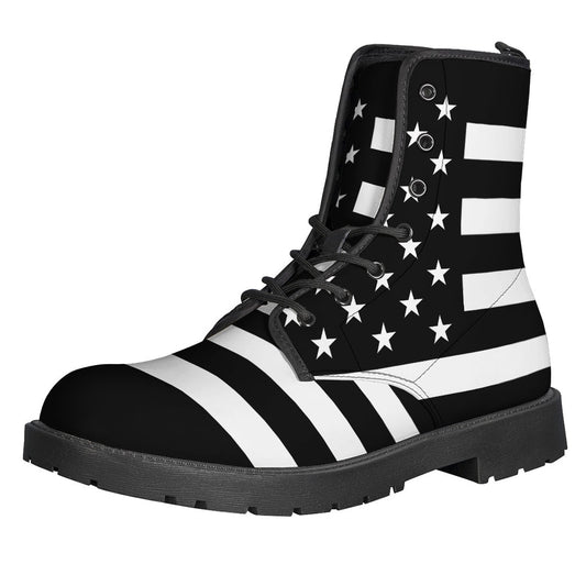 Groovy and Stylish: Black American Flag Print Leather Lightweight Boots for Hippies - 1